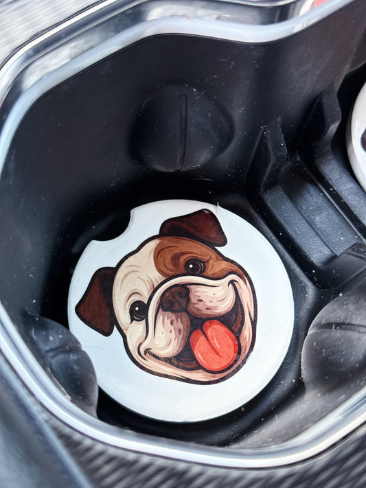 Bulldog Car Coaster Set – Brindle & Fawn Faces (2 Piece)