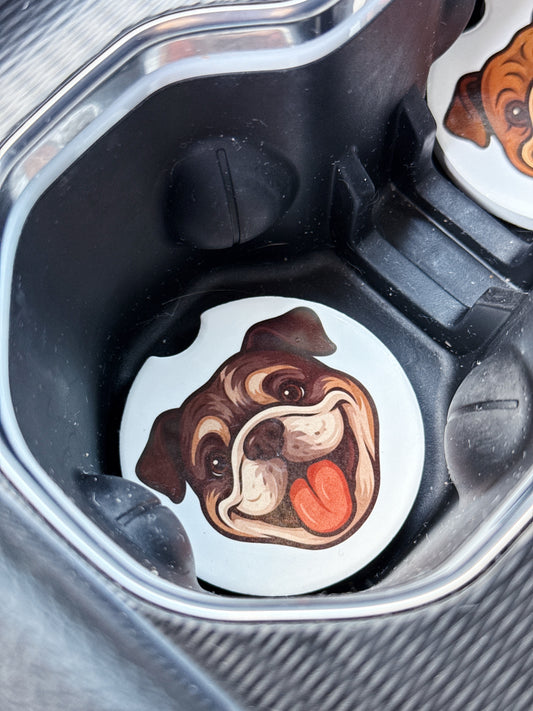 Bulldog Car Coaster Set – Tan & Chocolate Faces (2 Piece)