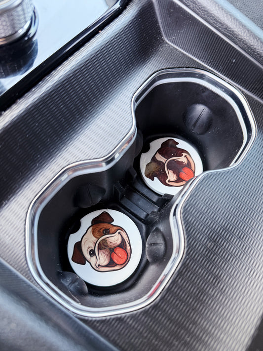Bulldog Car Coaster Set – Brindle & Fawn Faces (2 Piece)