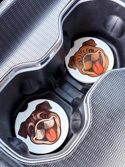 Bulldog Car Coaster Set – Tan & Chocolate Faces (2 Piece)