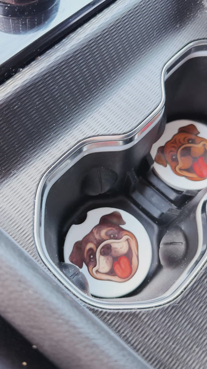 Bulldog Car Coaster Set – Tan & Chocolate Faces (2 Piece)