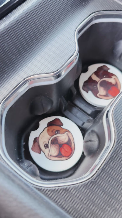 Bulldog Car Coaster Set – Brindle & Fawn Faces (2 Piece)